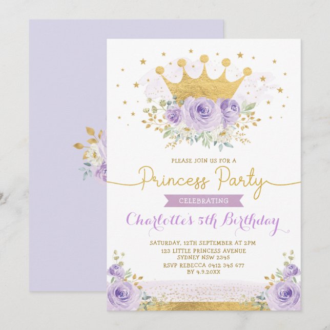 Invitation Princesse Couronne or violet Anniversaire Lilac Fl (Devant / Derrière)