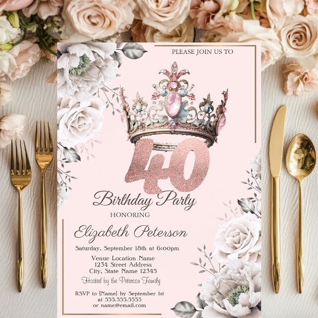 Invitation Princesse Crown Floral 40e fête d'anniversaire (Créateur téléchargé)