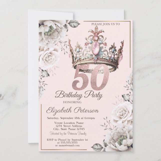 Invitation Princesse Crown Floral 50e fête d'anniversaire (Devant)