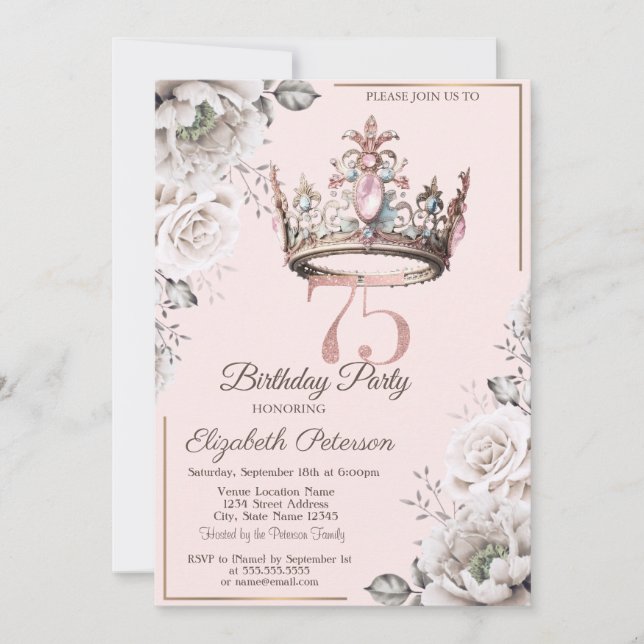 Invitation Princesse Crown Floral 75e fête d'anniversaire (Devant)
