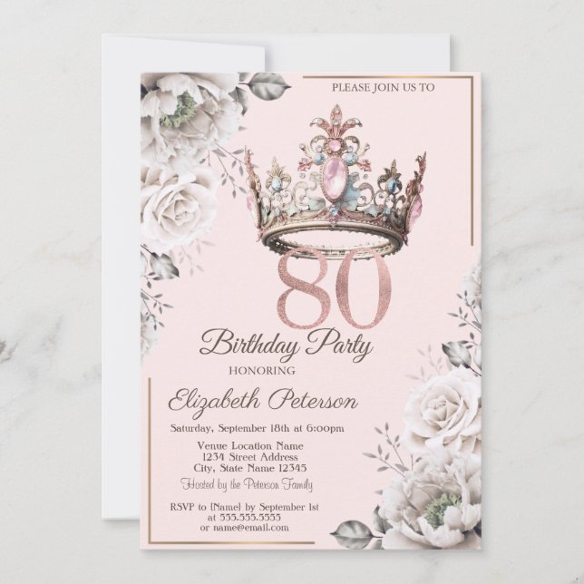 Invitation Princesse Crown Floral 80e fête d'anniversaire (Devant)
