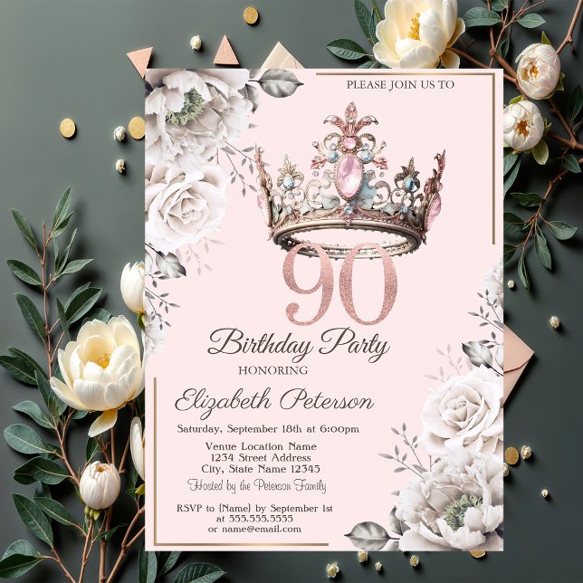 Invitation Princesse Crown Floral 90e fête d'anniversaire (Créateur téléchargé)