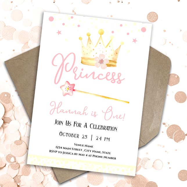 Invitation Princesse Crown Pink 1ère Fille Anniversaire (Créateur téléchargé)