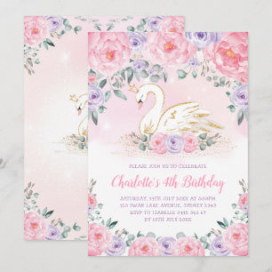Invitation Princesse d'Anniversaire du cygne rose violet