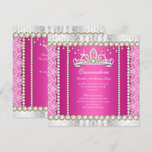 Invitation Princesse d'or rose Quinceanera Dentelle diamante (Devant / Derrière)