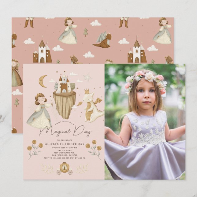 Invitation Princesse Dragon Boho Fairytale rose Anniversaire  (Devant / Derrière)