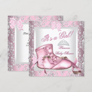 Invitation Princesse Élégante Baby Shower Fille Rose Damassé
