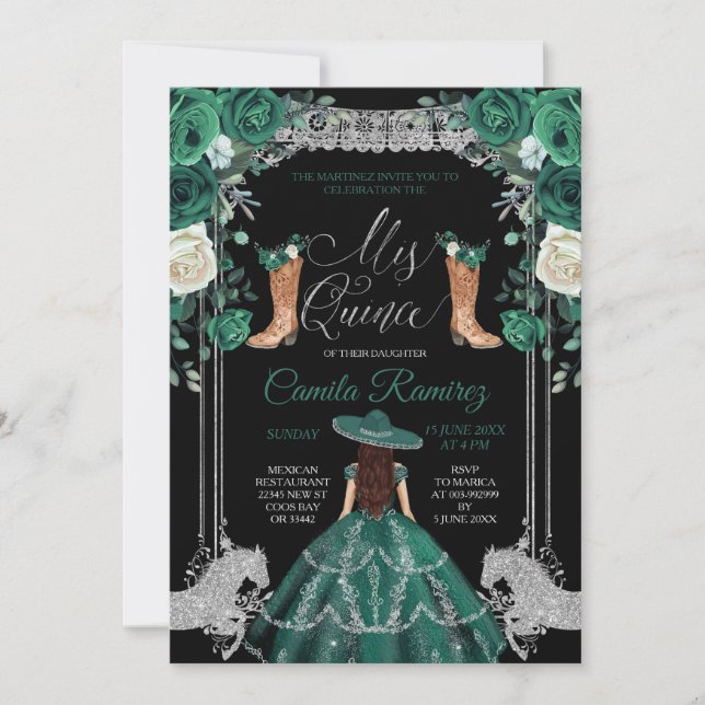 Invitation Princesse Emerald Green & Silver Girl Sweet 15e (Devant)