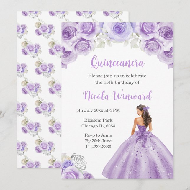 Invitation Princesse en Dusty Robe violette Quinceanera (Devant / Derrière)