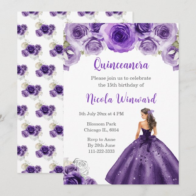 Invitation Princesse en Robe violette foncée Quinceanera (Devant / Derrière)