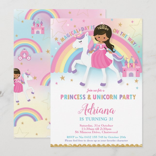 Invitation Princesse et licorne Anniversaire Tan Peau Brown (Devant / Derrière)