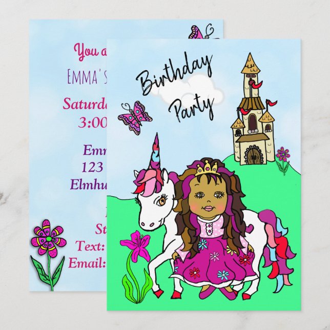 Invitation Princesse et Unicorn Fête d'anniversaire (Devant / Derrière)