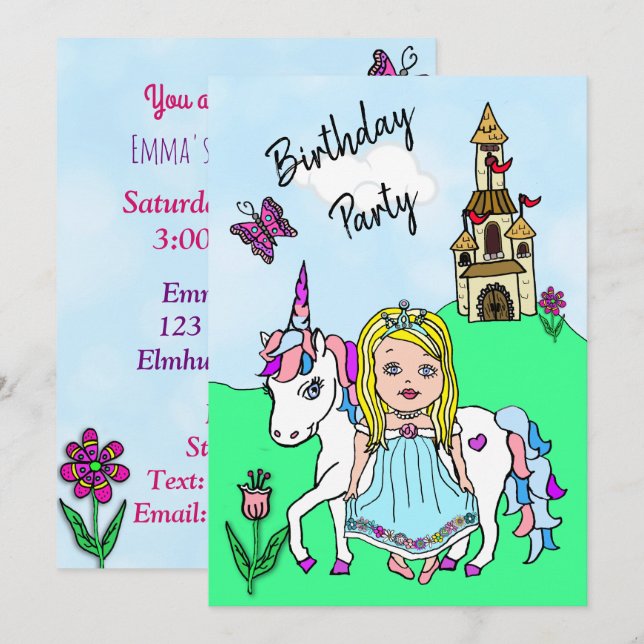 Invitation Princesse et Unicorn Fête d'anniversaire (Devant / Derrière)