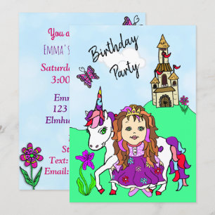 Invitation Princesse et Unicorn Fête d'anniversaire