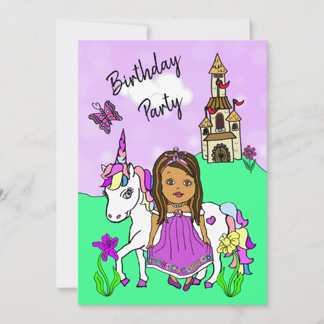 Invitation Princesse et Unicorn Fête d'anniversaire (Devant)