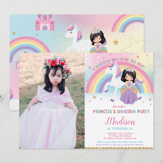 Invitation Princesse et Unicorne fête d'anniversaire Rainbow  (Devant / Derrière)