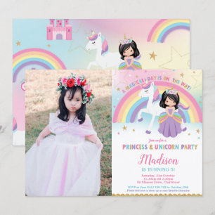 Invitation Princesse et Unicorne fête d'anniversaire Rainbow 