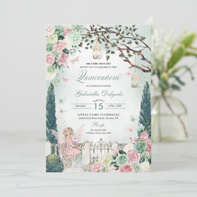 Invitation Princesse Fée Rose Jardin Enchanté Quinceanera (Debout devant)