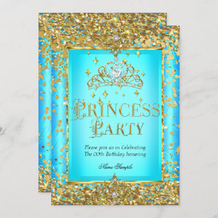 Invitation Princesse fête d'anniversaire Turquoise Blue Gold