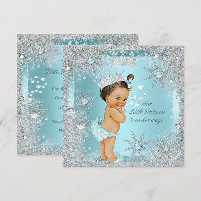 Invitation Princesse Fille Baby shower Turquoise Bleu Coeur B (Devant / Derrière)