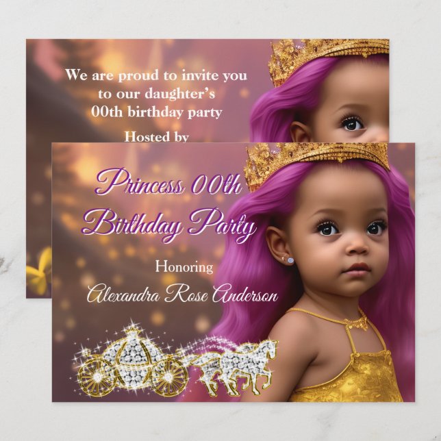 Invitation Princesse Fille Fête d'anniversaire Carriage rose  (Devant / Derrière)