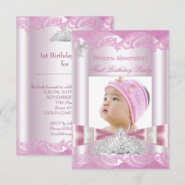 Invitation Princesse Fille Premier anniversaire 1ère fête (Devant / Derrière)