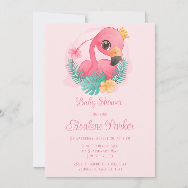 Invitation Princesse Flamant rose rose Baby shower fille (Devant)