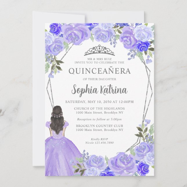 Invitation Princesse Florale d'Argent Violet Tiara Quinceañer (Devant)