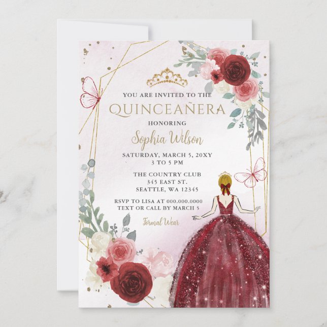 Invitation Princesse Florale de Bourgogne Quinceañera (Devant)
