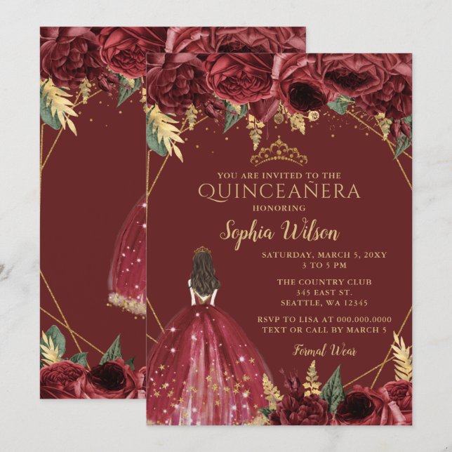 Invitation Princesse Florale de Bourgogne Quinceañera (Devant / Derrière)