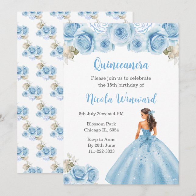 Invitation Princesse Florale en Robe Bleue Quinceanera (Devant / Derrière)