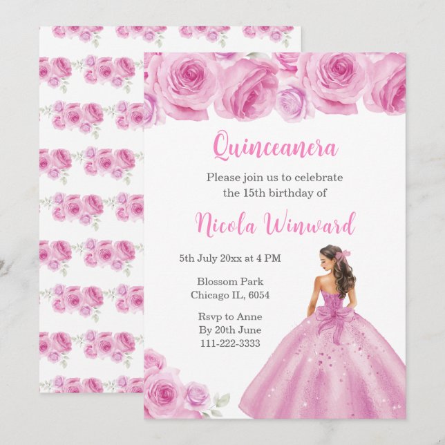 Invitation Princesse Florale en robe rose pâle Quinceanera (Devant / Derrière)