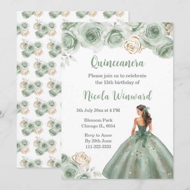 Invitation Princesse Florale en Sage Robe Verte Quinceanera (Devant / Derrière)