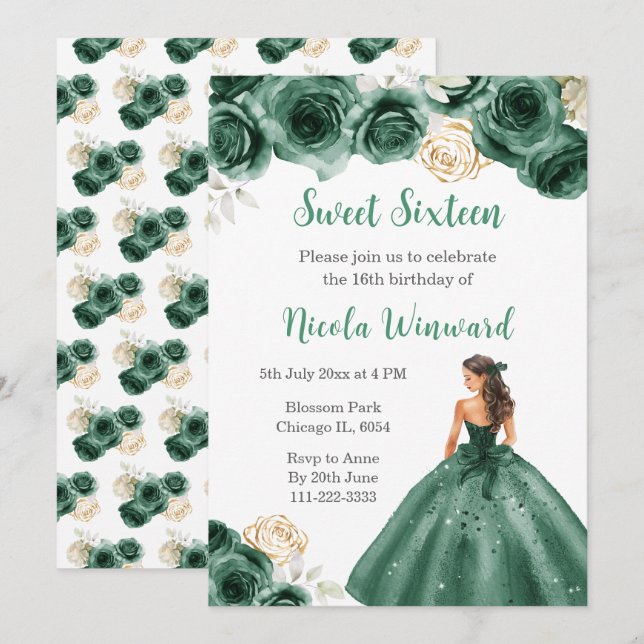 Invitation Princesse Florale en Sweet sixteen Robe Vert foncé (Devant / Derrière)