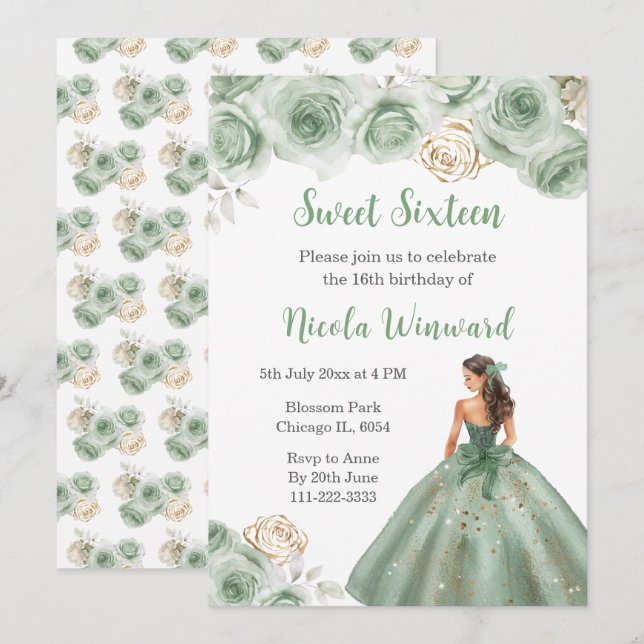 Invitation Princesse Florale en Sweet sixteen Robe verte Sage (Devant / Derrière)