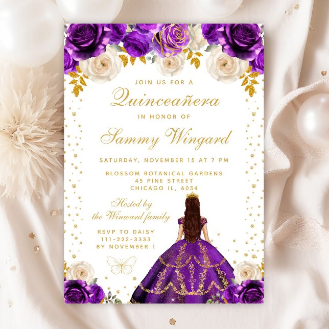 Invitation Princesse florale pourpre Quinceañera (Créateur téléchargé)
