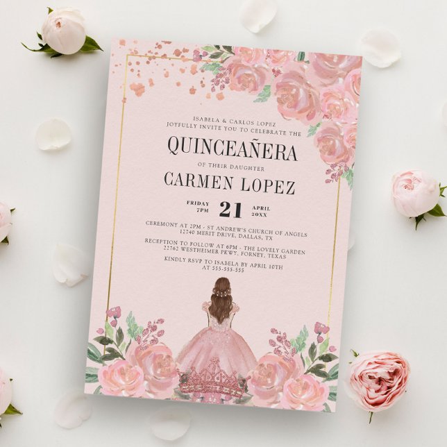 Invitation Princesse Florale Rose Blush Anniversaire Quincean (Créateur téléchargé)