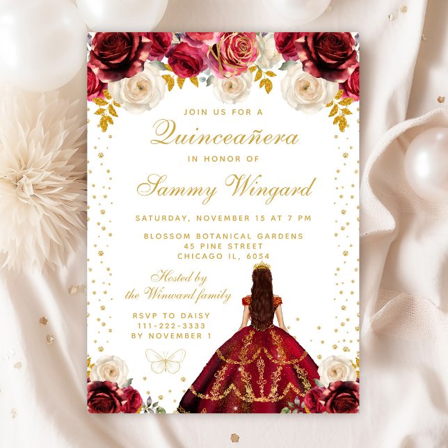 Invitation Princesse Florale Rouge Quinceañera (Créateur téléchargé)