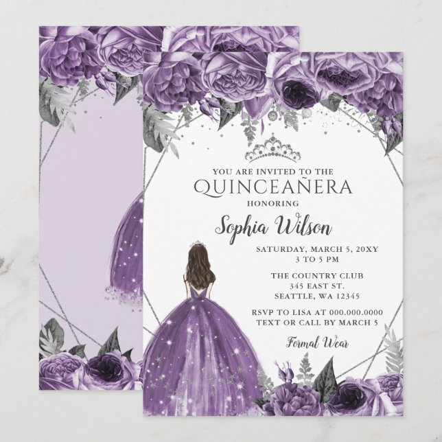 Invitation Princesse Florale violette en argent Quinceañera (Devant / Derrière)