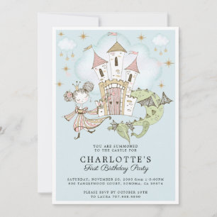 Invitation Princesse Girl's Blue Gold 1er Anniversaire Invita