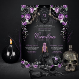 Invitation Princesse gothique noire violette Halloween Quince