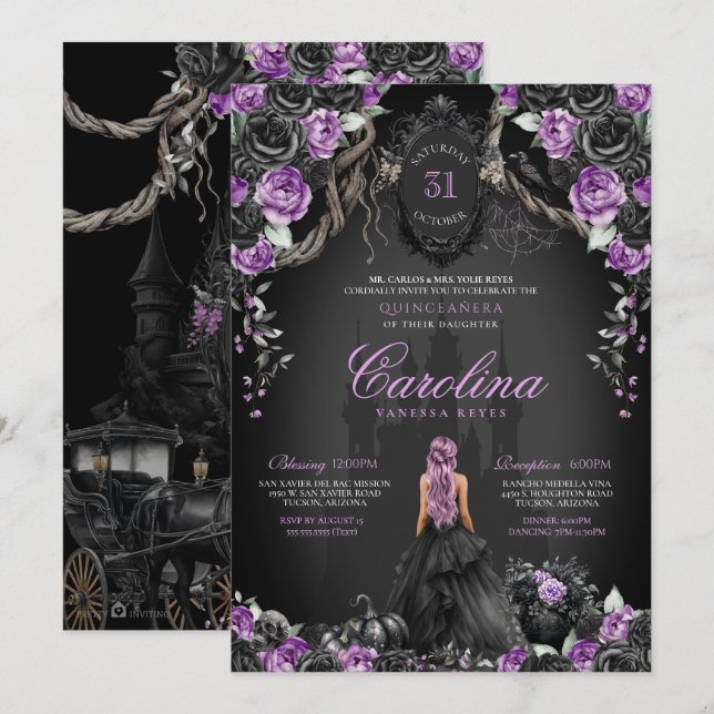 Invitation Princesse gothique noire violette Halloween Quince (Devant / Derrière)