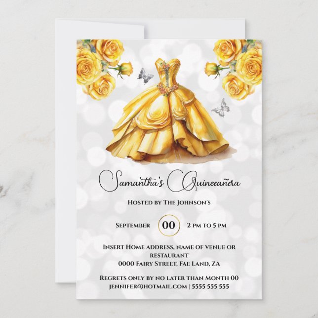 Invitation princesse Jaune Quinceañera imaginaire lune roses (Devant)
