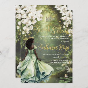 Invitation Princesse noire et grenouille Sage Vert robe douce