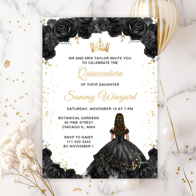 Invitation Princesse noire Floral Quinceañera (Créateur téléchargé)