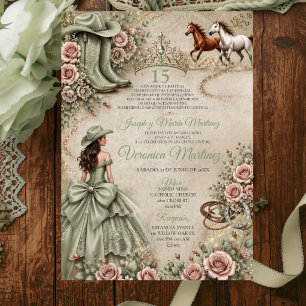 Invitation Princesse occidentale Quinceañera vert sauge rusti