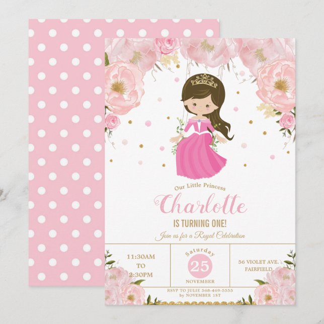 Invitation Princesse Pink Floral 1er Anniversaire (Devant / Derrière)