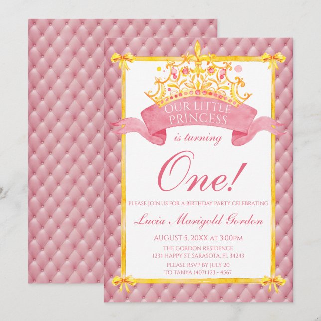 Invitation Princesse Pink Gold Crown Premier anniversaire (Devant / Derrière)