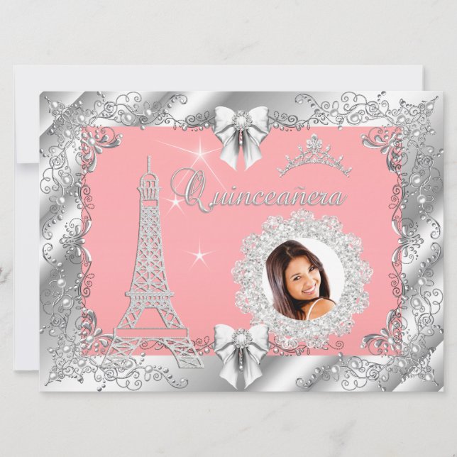 Invitation Princesse Pink PEACH Quinceanera Silver Photo BIG (Devant)