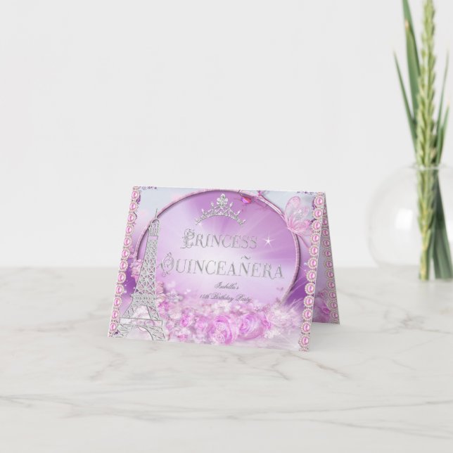 Invitation Princesse pliée Quinceanera Magique rose violet (Devant)